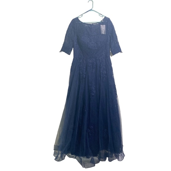 La Femme navy blue Sequin Sparkle floral lace & tulle gown SZ 14 mother … - Picture 6 of 15